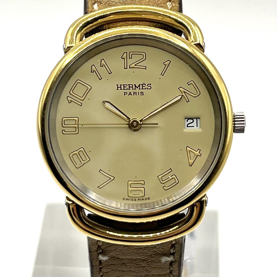 HERMES 腕時計　プルマン　ボーイズ　デイト　レザーベルト　不動　刻印