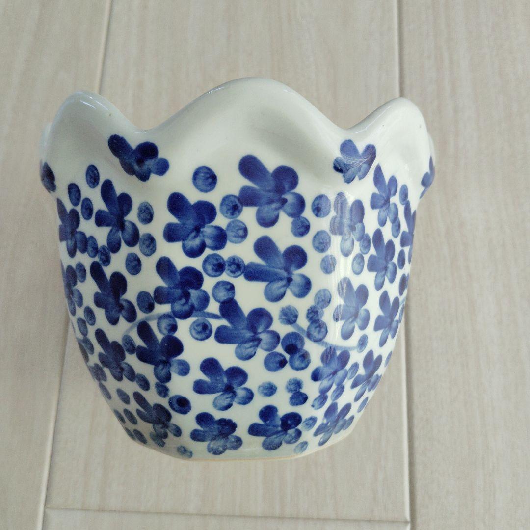 青と白の花柄　陶器　睡蓮　花生け　アンティーク zpo0143-205-3.jpg