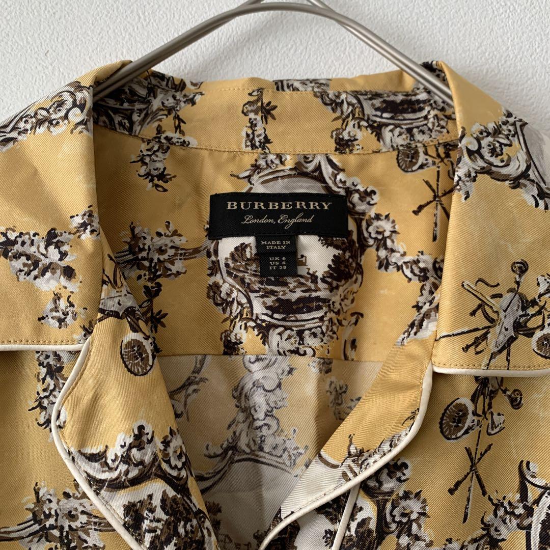 BURBERRY バーバリー シルク100% 絵画風 開襟シャツ オレンジ系