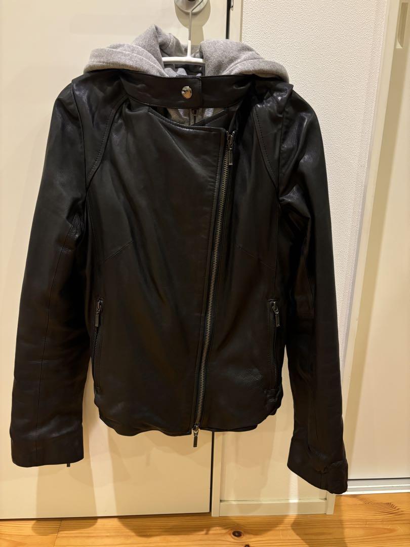 ☆ BARNEYS NEWYORK ラムレザー フード ライダース ジャケット BARNEYS NEW YORK レザージャケット グレー フード付き