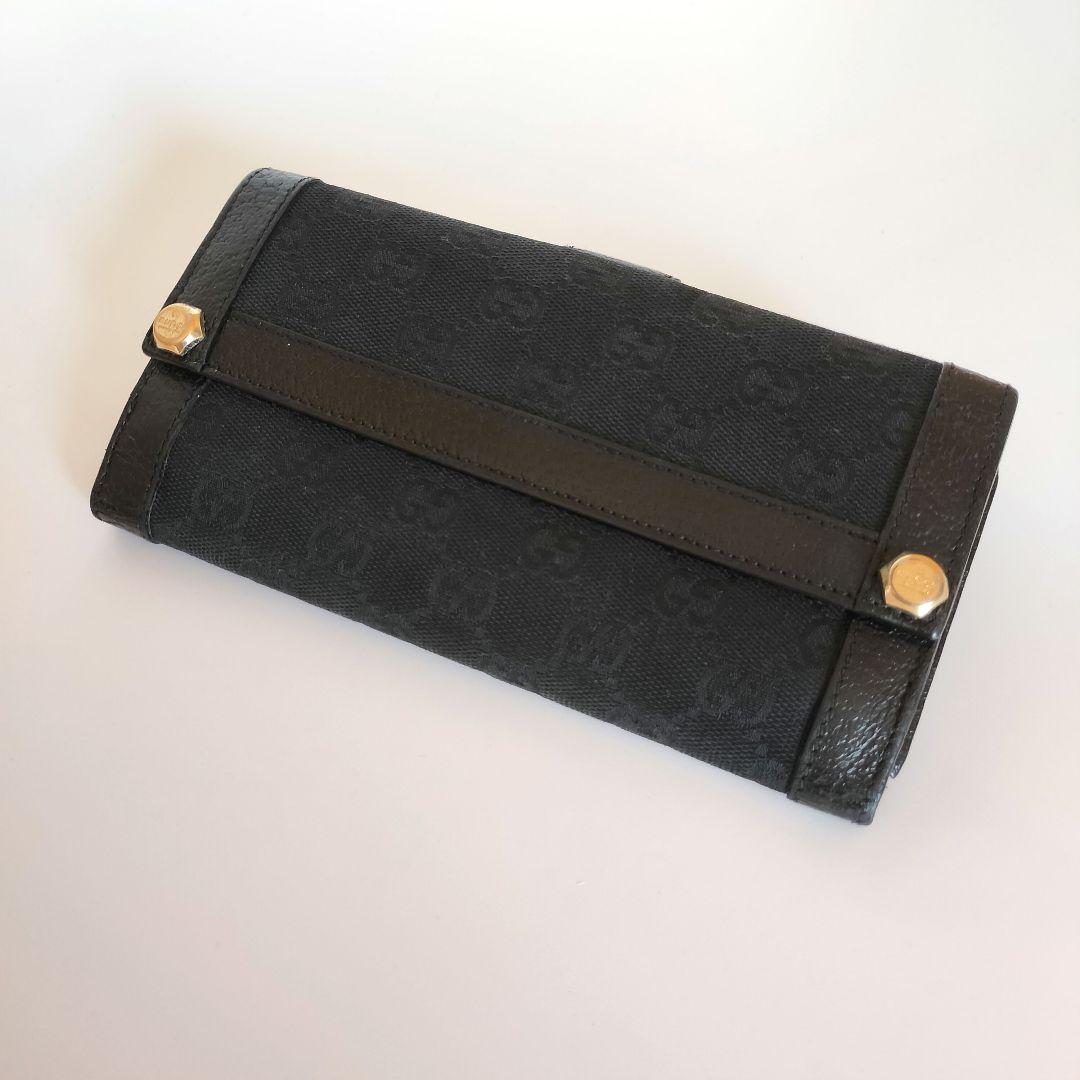 グッチ 長財布 GG柄 キャンバス ブラック 黒 フラップ レザー ゴールド金具