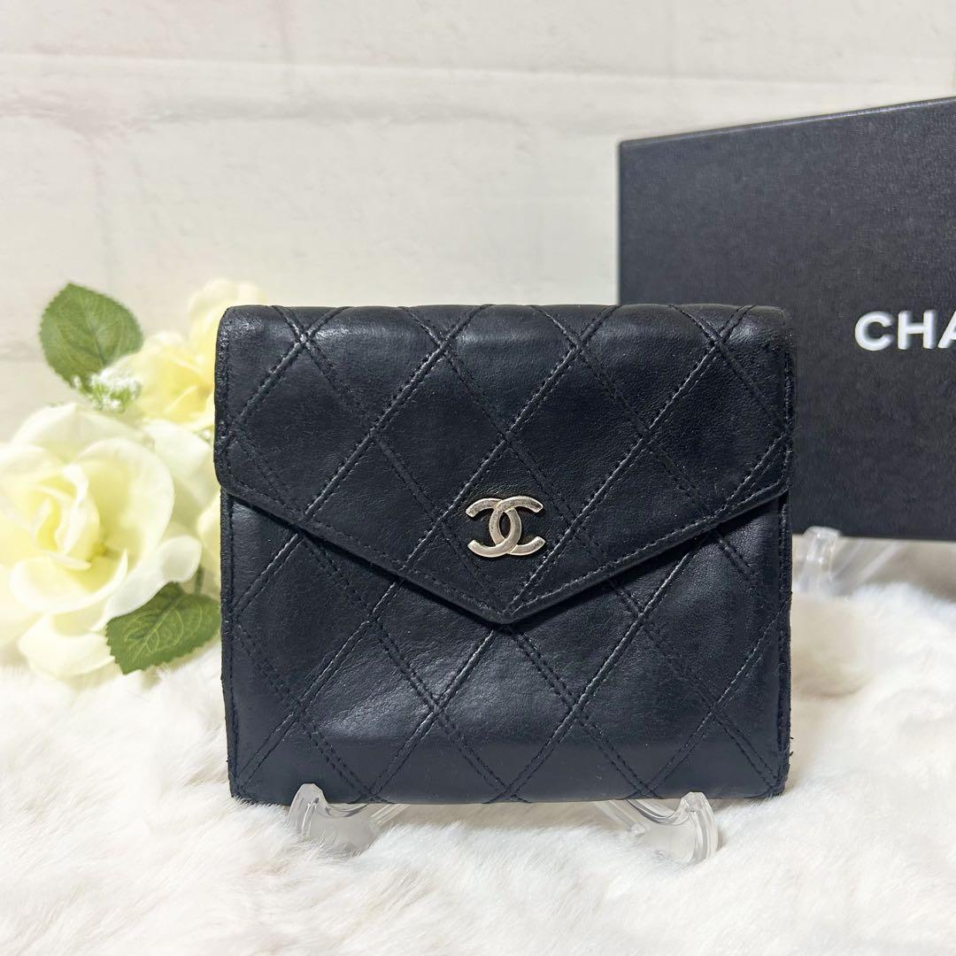 シャネル　ココマーク　ビコローレ　Wホック　財布　ブラック CHANEL レザー 二つ折り財布 ビコローレ Wホック ココマーク