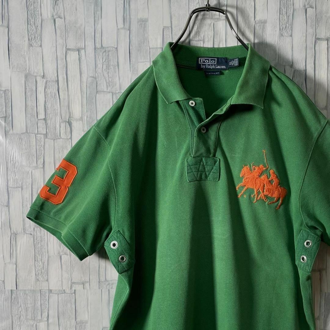 ポロシャツ グリーン×橙ダブルポニー Ralph Lauren メンズXL
