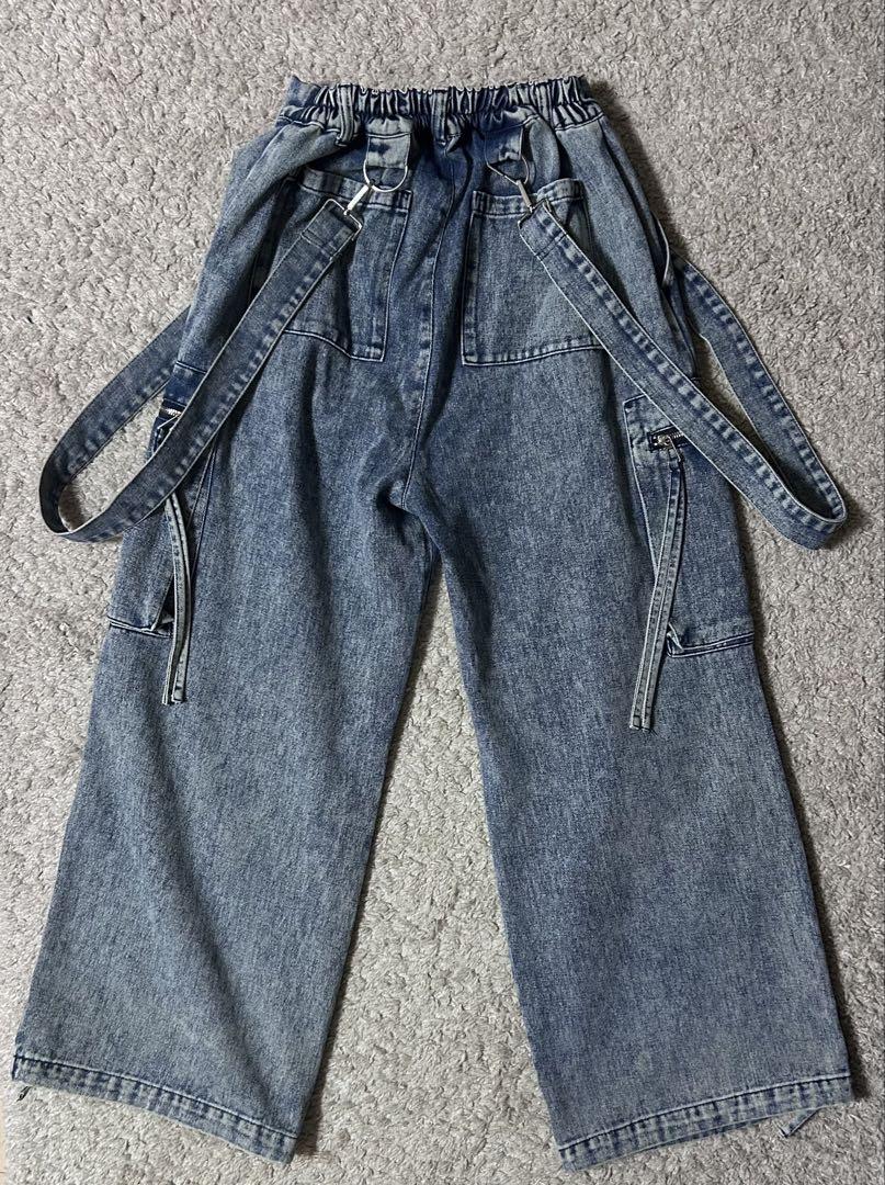 LILL ルーズシルエットサスペンダーZIPポケットデニムカーゴパンツ