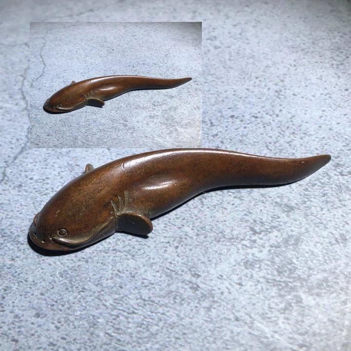 銅 細工 茶道具 ナマズ2つ 書道具 文房具 工芸品 美術品 置物