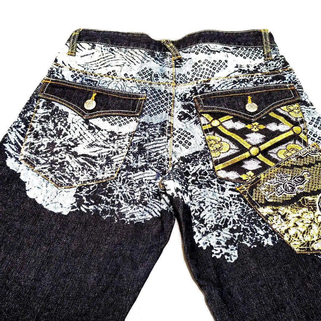 【美品】和柄刺繍　メンズ　デニムジーンズ　ブラック　М　金襴　金銀　家紋　和風
