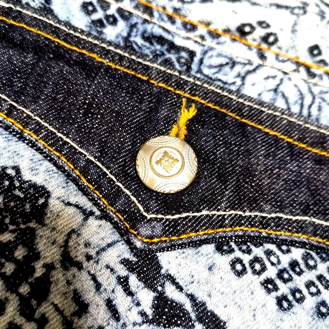 【美品】和柄刺繍　メンズ　デニムジーンズ　ブラック　М　金襴　金銀　家紋　和風