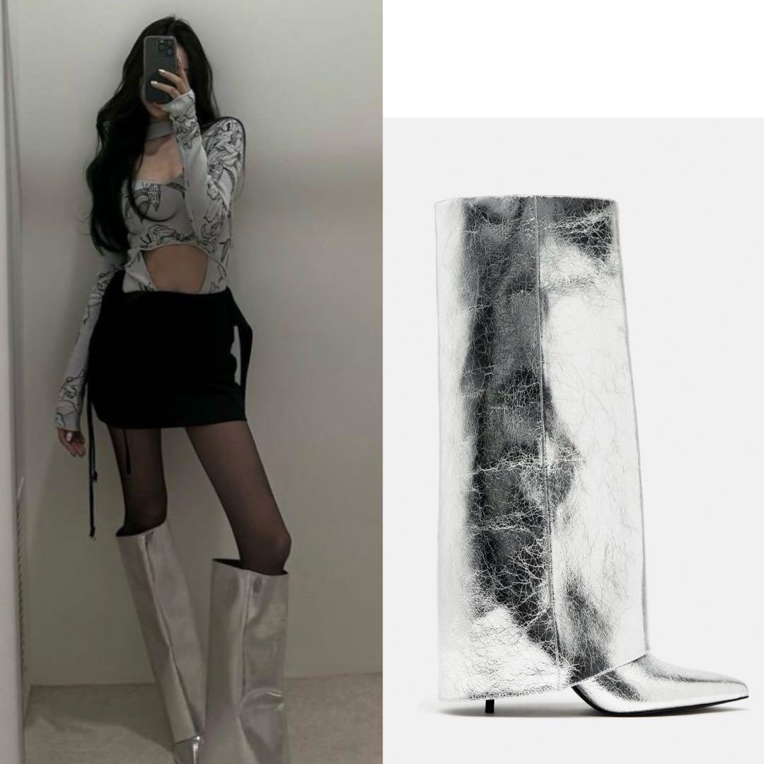 ZARA メタリック ゲートル ブーツ ロング シルバー