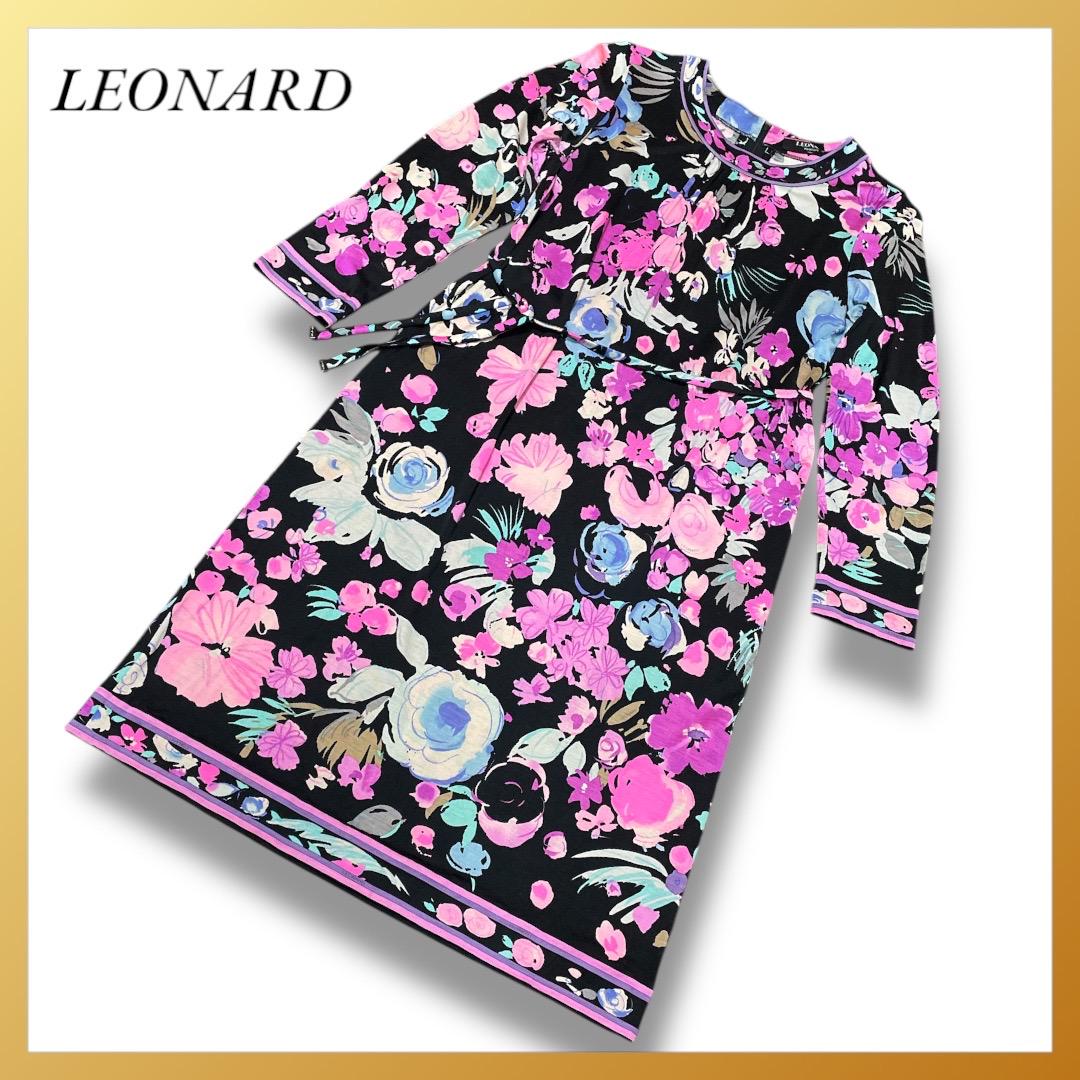 海外ブランド  SALE‼️LEONARD 花柄 長袖 ひざ丈ワンピース 大きめ ベルト付 ワンピース