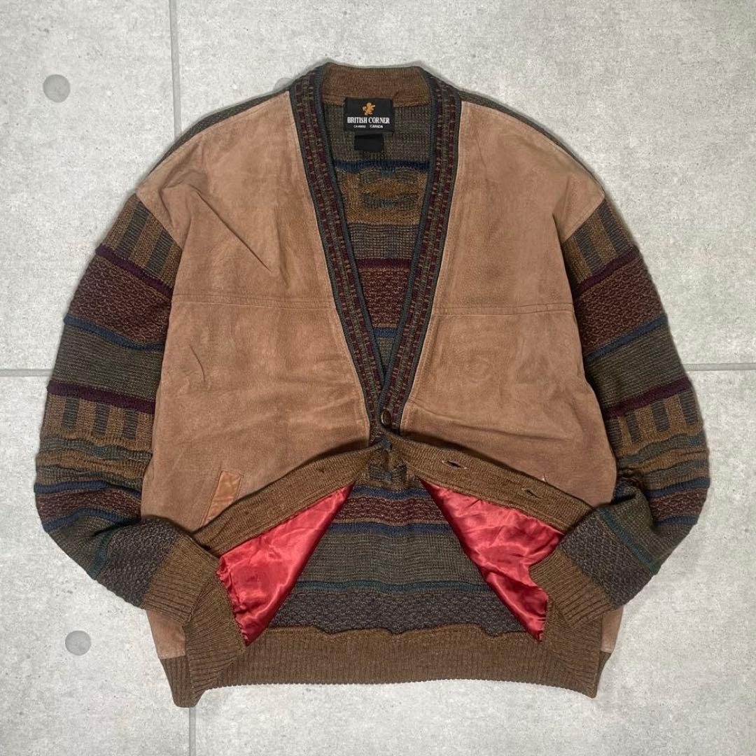 ニットカーディガン 3D 90s 豚革 ドッキング 立体編み カナダ製XL LL VINTAGE