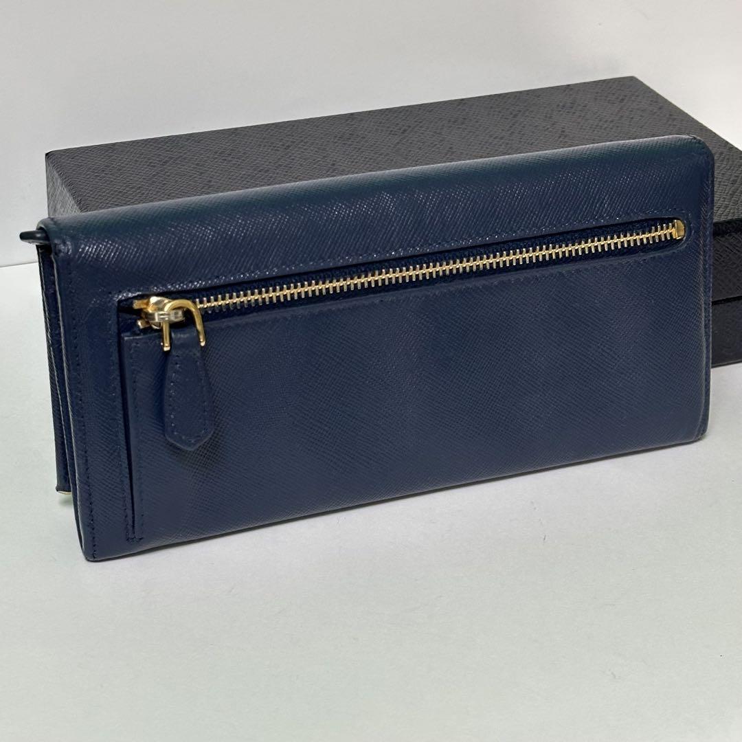 良品】PRADA プラダ 折り財布 ロゴ ブルー サフィアーノレザー