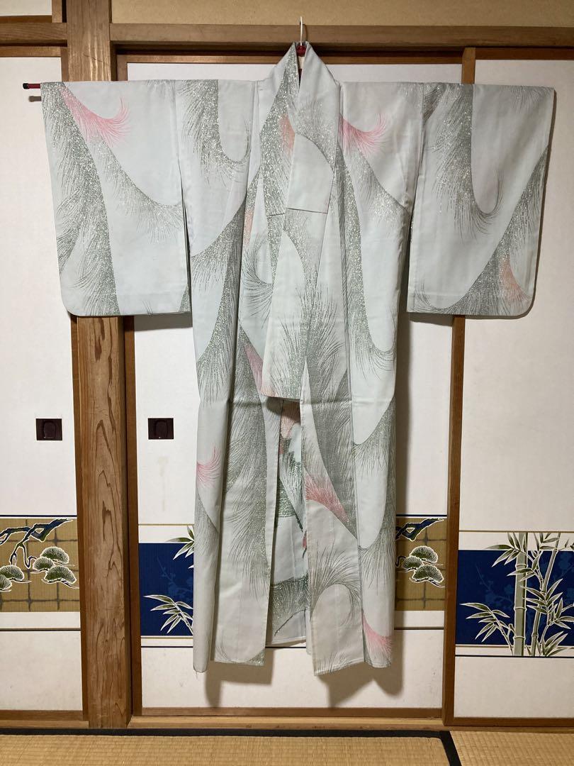 紬単衣（微格子文）裄66,5 シンプル系　正絹美品 小紋 身丈161cm 裄丈66.5cm M 単衣 紬地 やまと 幾何学模様 斜縞