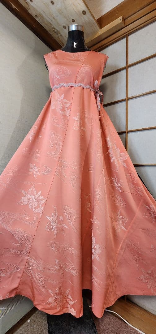 未使用反物着物リメイクワンピース正絹ウエストリボン付き着丈135センチ身幅60