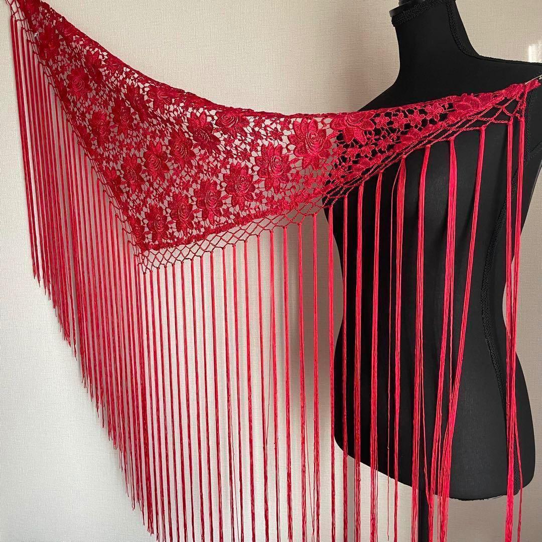 フラメンコ シージョ 花柄 総レース 赤 大きめ フレコ ヒップスカーフ 発表会