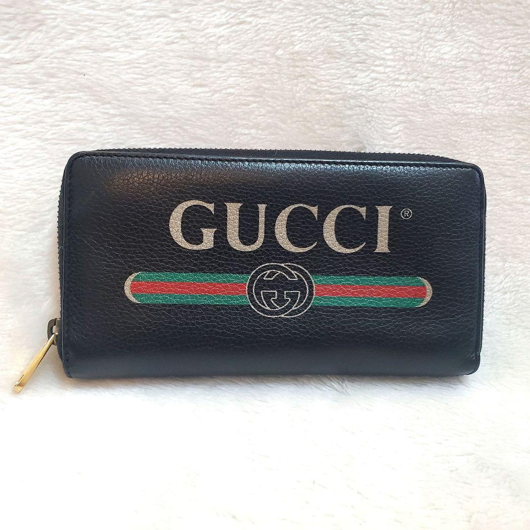 美品　GUCCI グッチ ロゴプリント シェリーライン ラウンドジップ長財布
