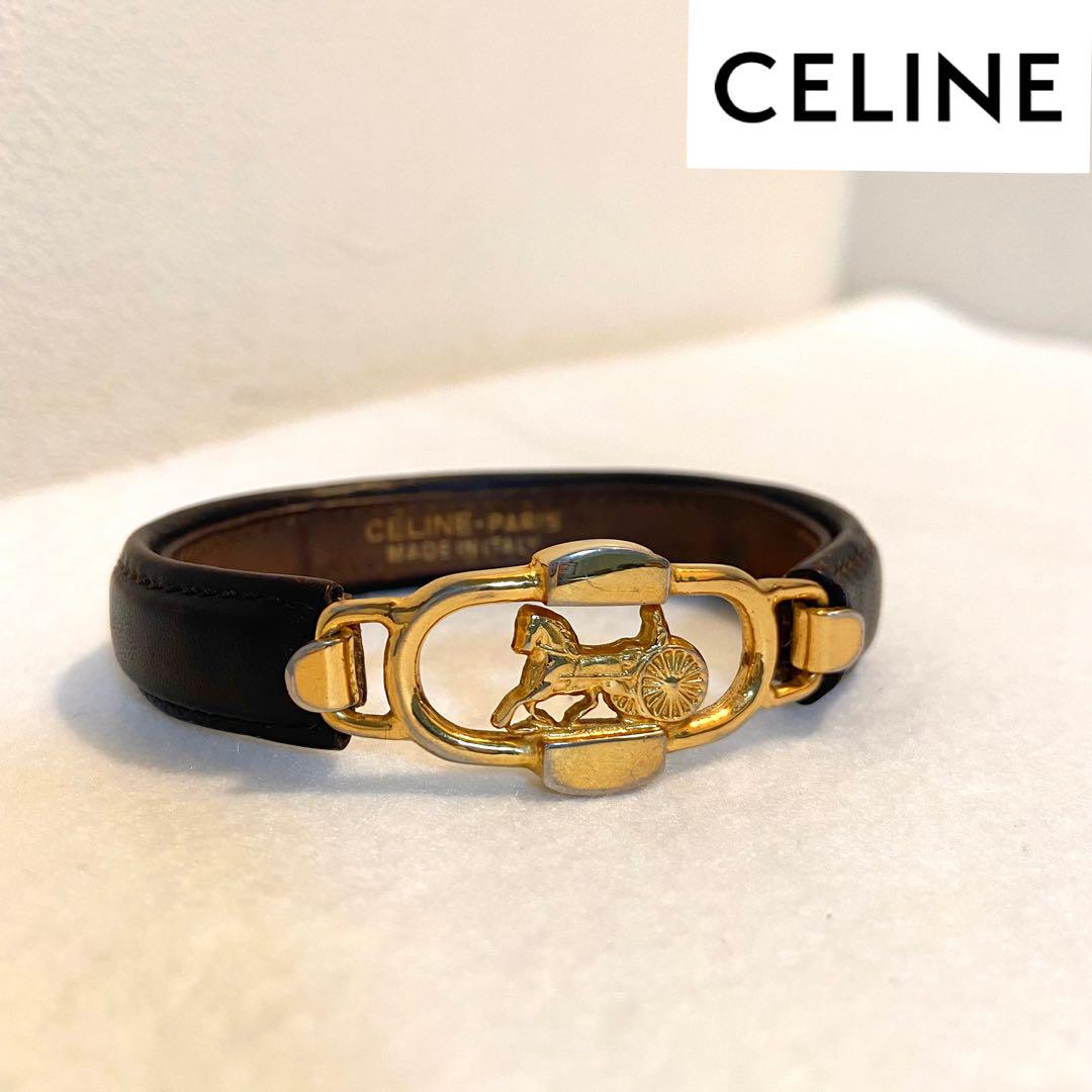 CELINEセリーヌ レザーブレスレット 馬車金具 ゴールド×ブラウン