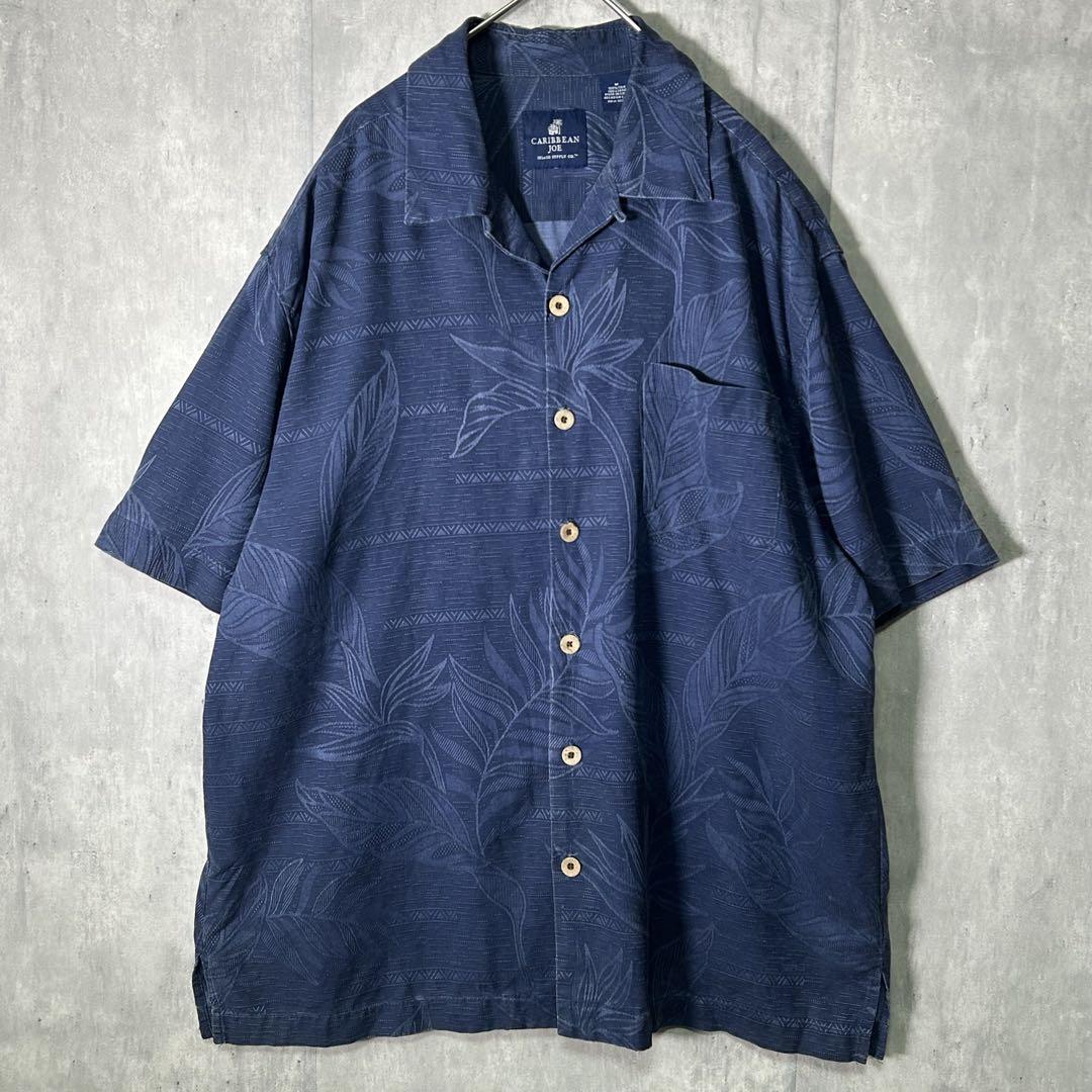 シルク 総柄 アロハシャツ 紺 オープンカラー M ジャストサイズ 木ボタン