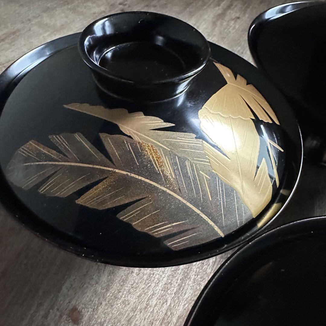 美品　黒塗　蘇鉄文　蒔絵　蓋碗　吸物椀　煮物椀　黒漆　無傷　古美術　5客　木箱