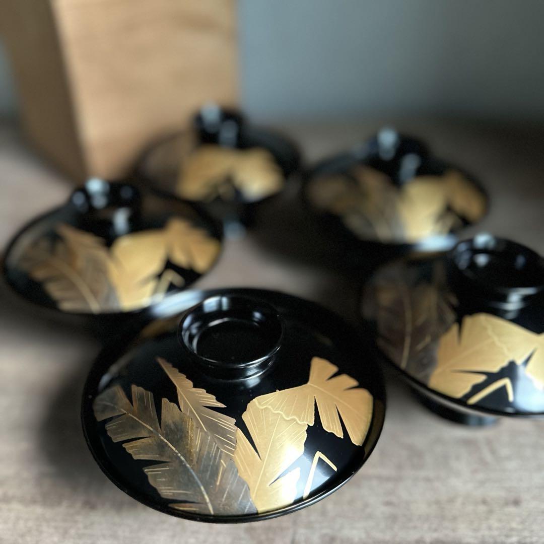 美品　黒塗　蘇鉄文　蒔絵　蓋碗　吸物椀　煮物椀　黒漆　無傷　古美術　5客　木箱