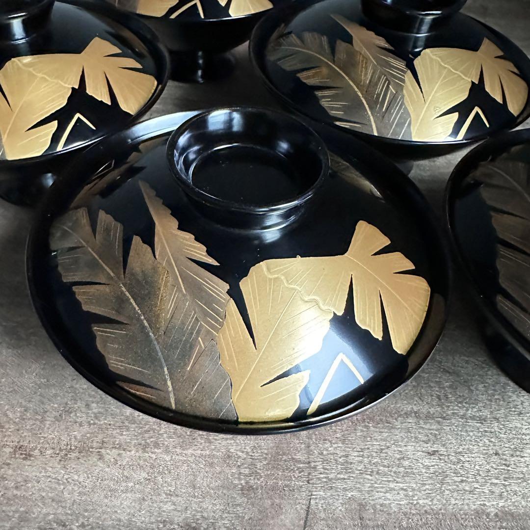 美品　黒塗　蘇鉄文　蒔絵　蓋碗　吸物椀　煮物椀　黒漆　無傷　古美術　5客　木箱