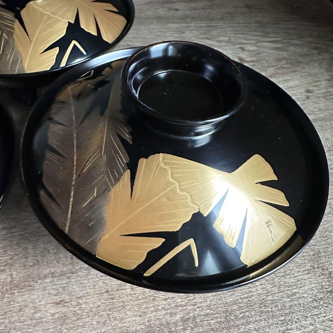 美品　黒塗　蘇鉄文　蒔絵　蓋碗　吸物椀　煮物椀　黒漆　無傷　古美術　5客　木箱