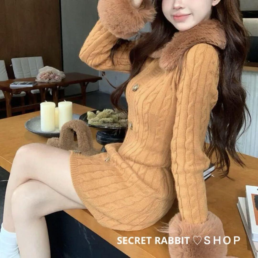 韓国♡可愛いファーニットワンピースセクシー長袖秋冬新品ミニワンピ人気