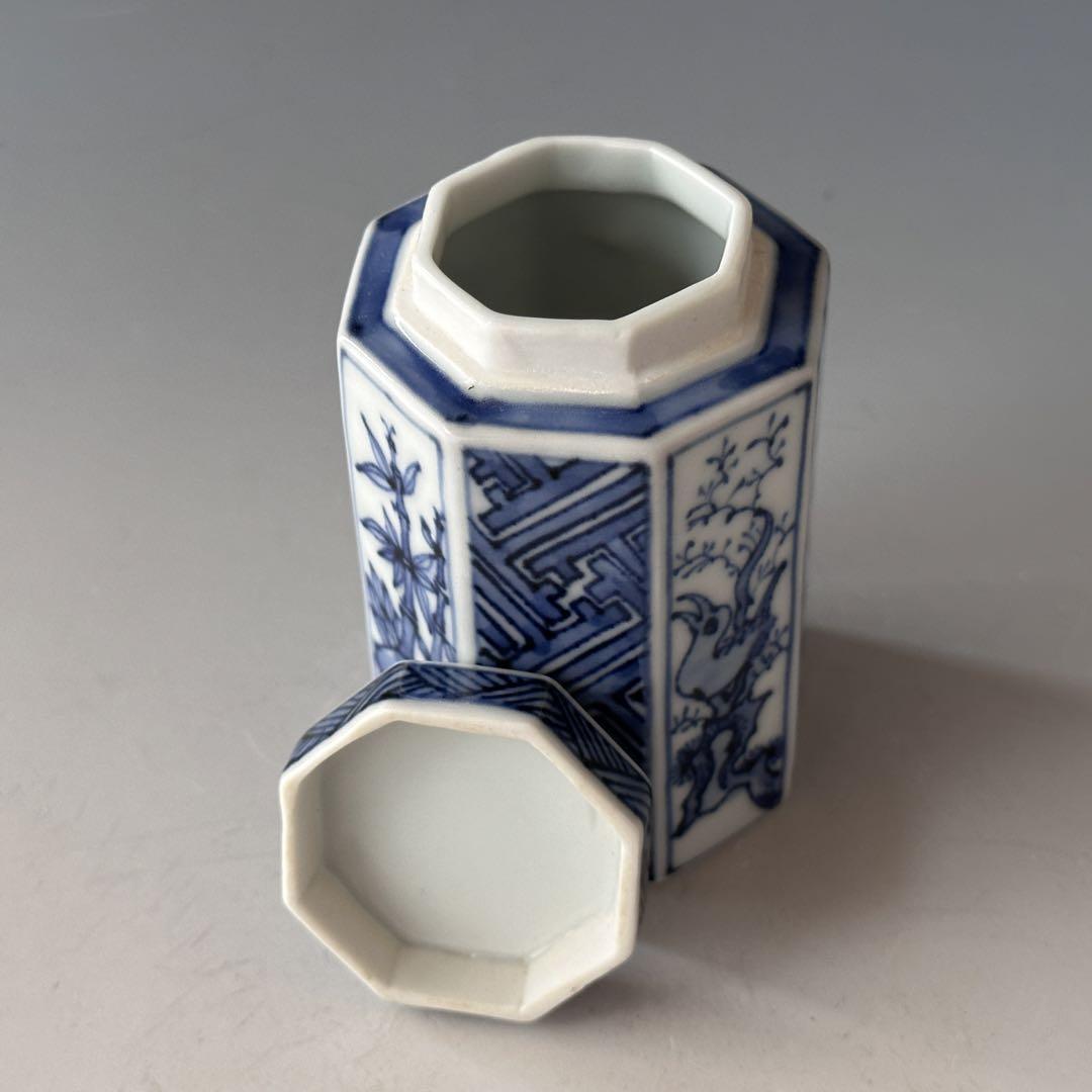 煎茶道具 染付 八角 茶心壺 村田亀水 京焼 茶道具 煎茶 陶芸