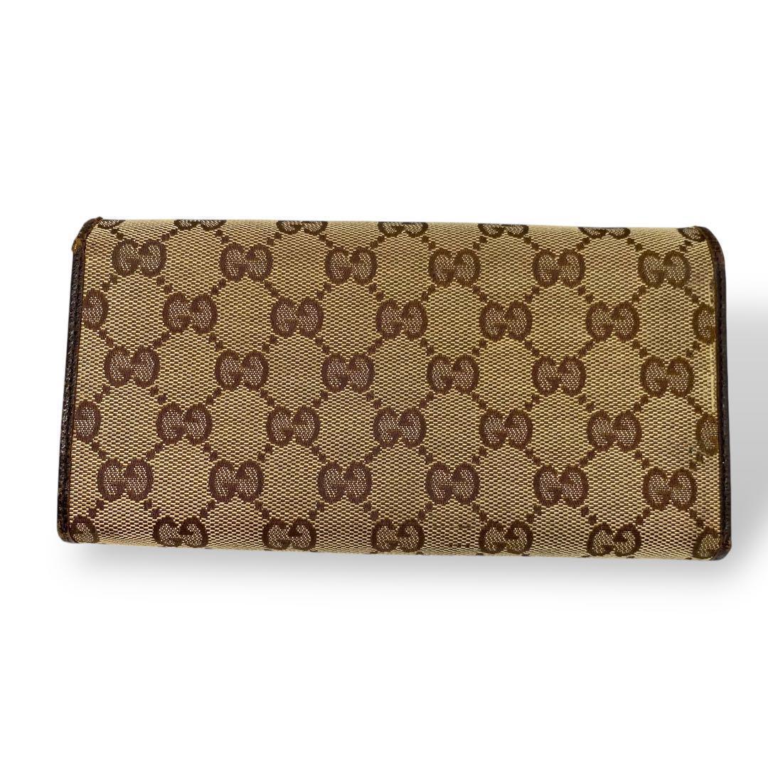 GUCCI GGキャンバス　長財布　札入れ　小銭入れ　ロゴプレート　ベージュ　茶