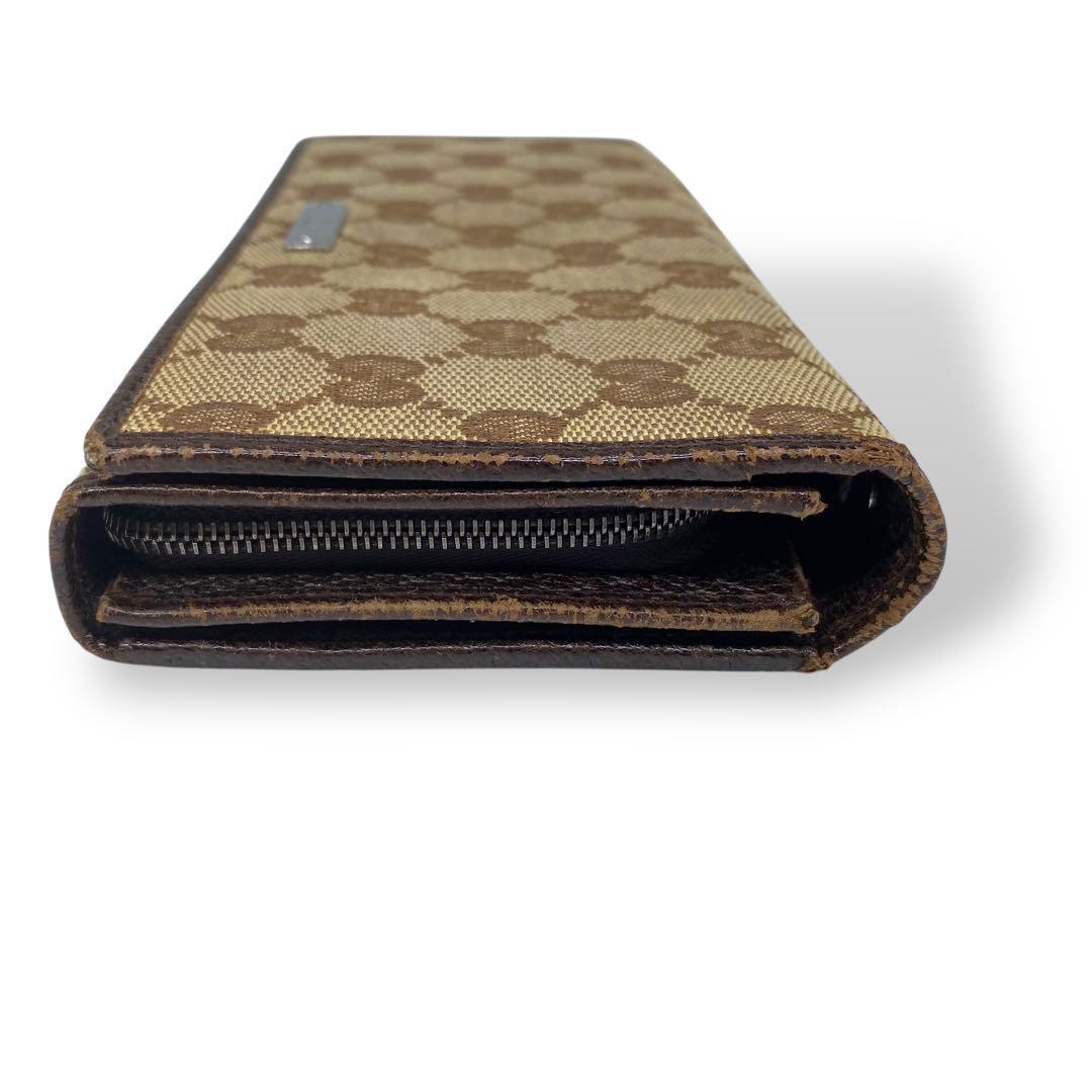 GUCCI GGキャンバス　長財布　札入れ　小銭入れ　ロゴプレート　ベージュ　茶