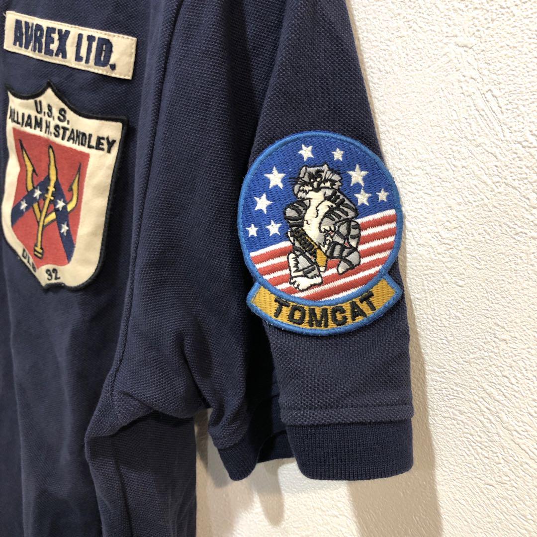 AVIREX 希少TOPGUN 刺繍 ワッペン　半袖 ポロシャツ ネイビー系