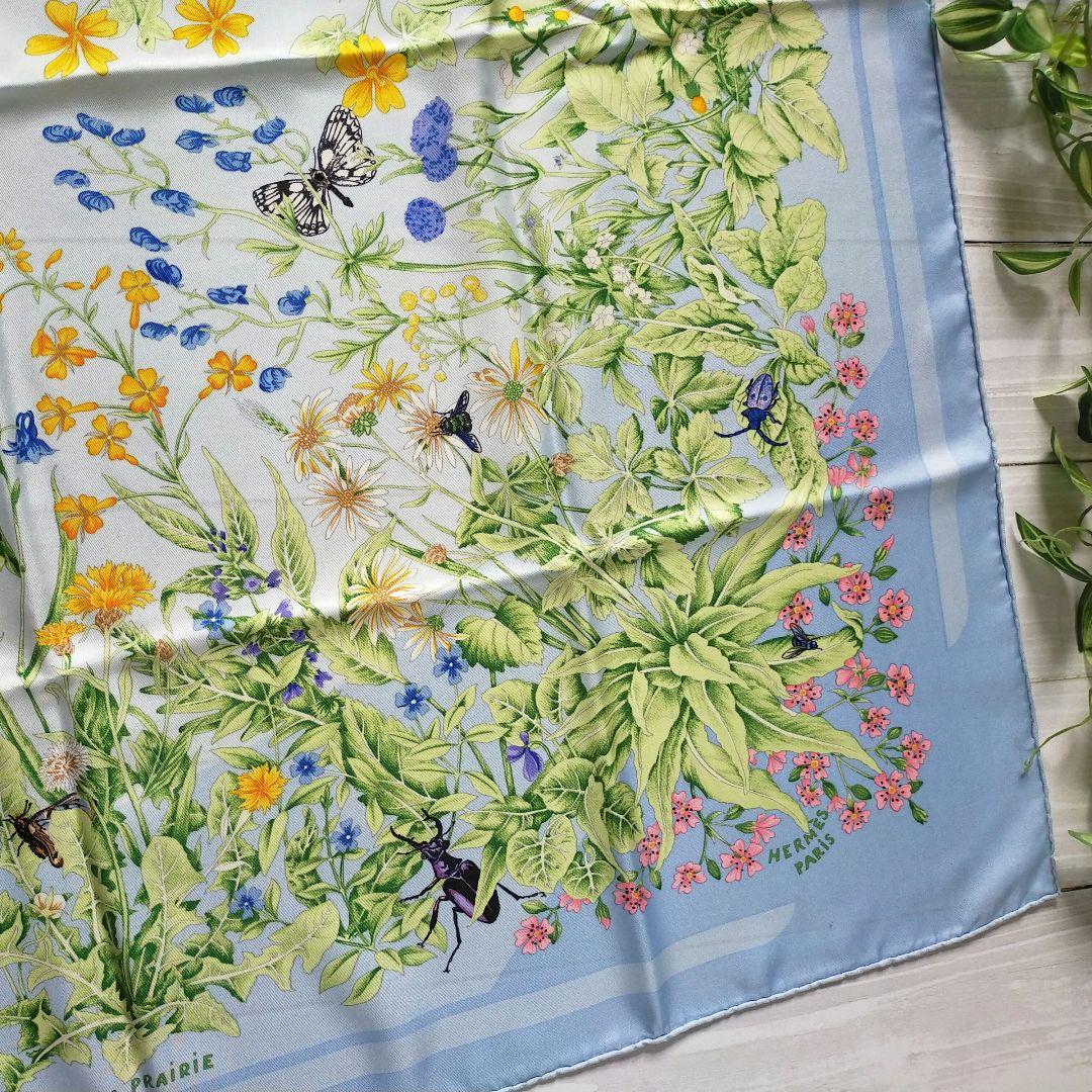 ☘️美品☘️ HERMES　草原　LA PRAIRIE　カレ90 ライトブルー