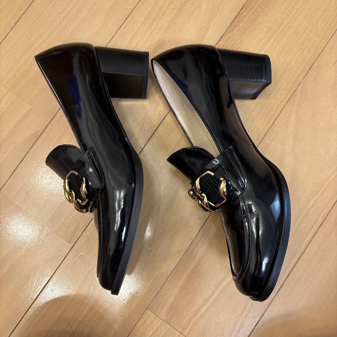 美品】LANVIN 黒 レザー ローファー ゴールドチェーン