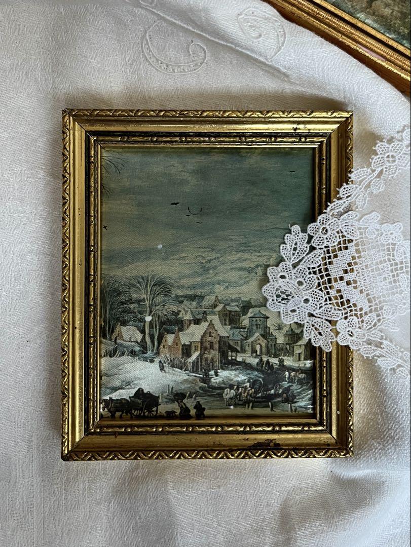 ◆フランスアンティーク｜トワルドジュイ風、ミニ絵画3点、布額装、金彩ブロンズ額縁