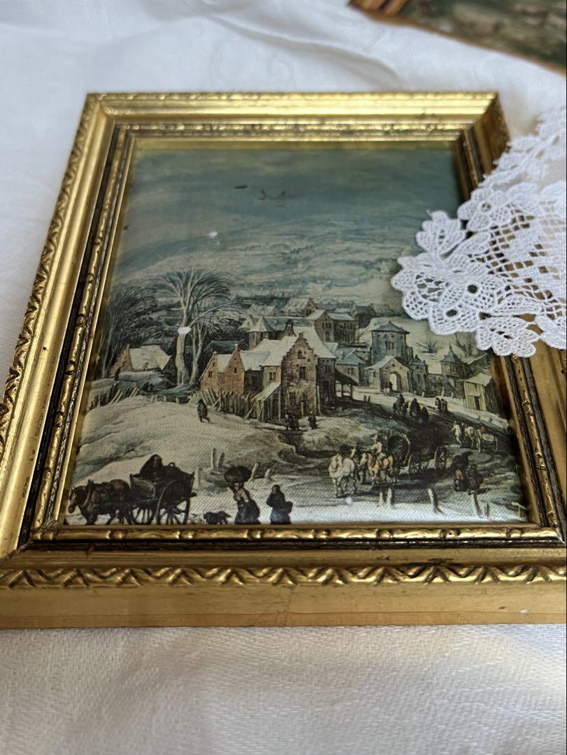 ◆フランスアンティーク｜トワルドジュイ風、ミニ絵画3点、布額装、金彩ブロンズ額縁