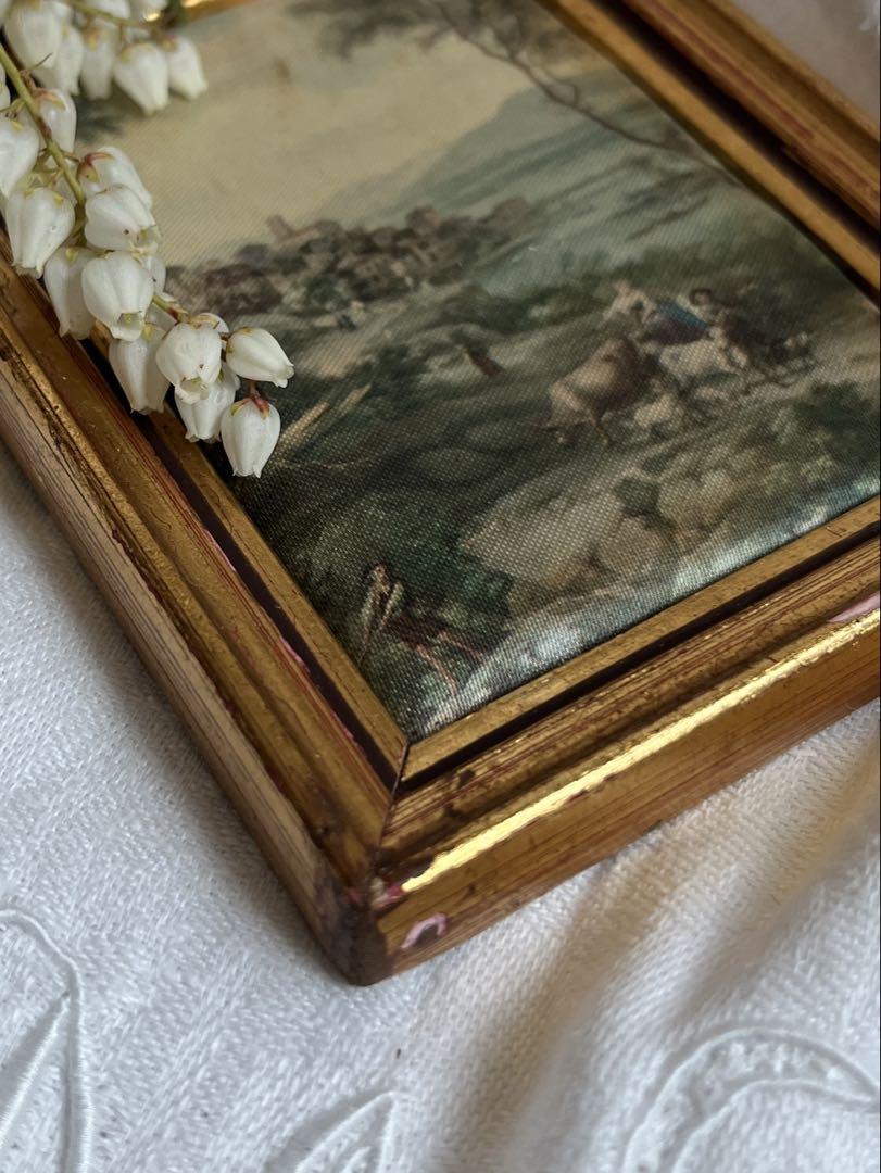 ◆フランスアンティーク｜トワルドジュイ風、ミニ絵画3点、布額装、金彩ブロンズ額縁