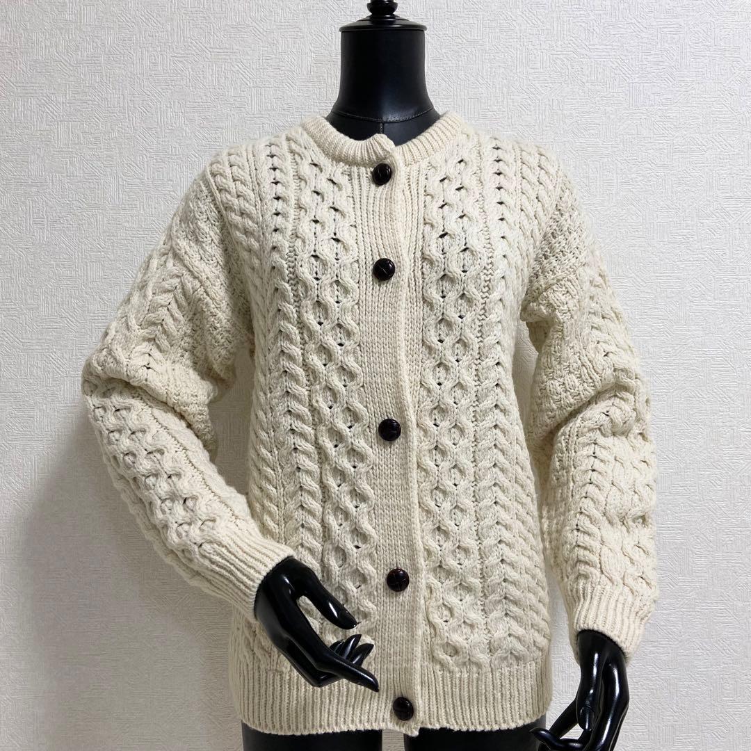 アイルランド製Carraig Donnアランニットセーター(M)フィッシャーマンセーター青灰 アイルランド製 Carraig Donn フィッシャーマン ウール ニット