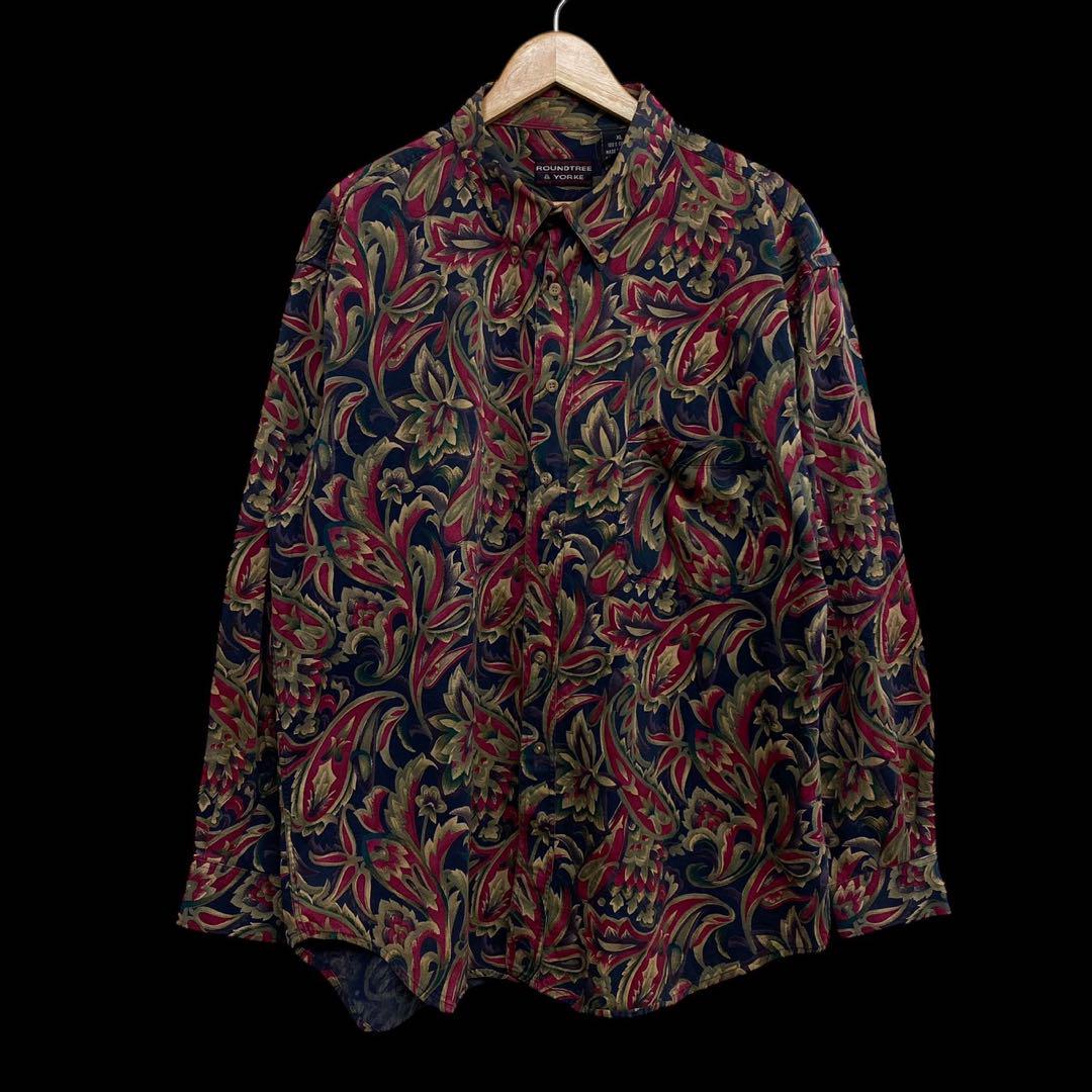 長袖シャツ 総柄 柄シャツ XL ネイビー系 US古着