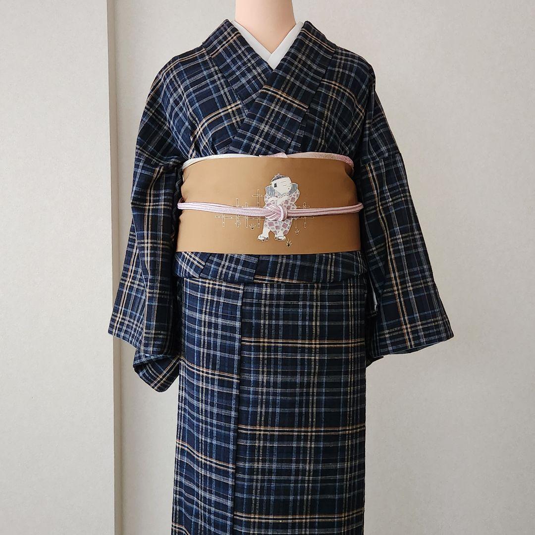 郡上紬 袷 美品 格子柄