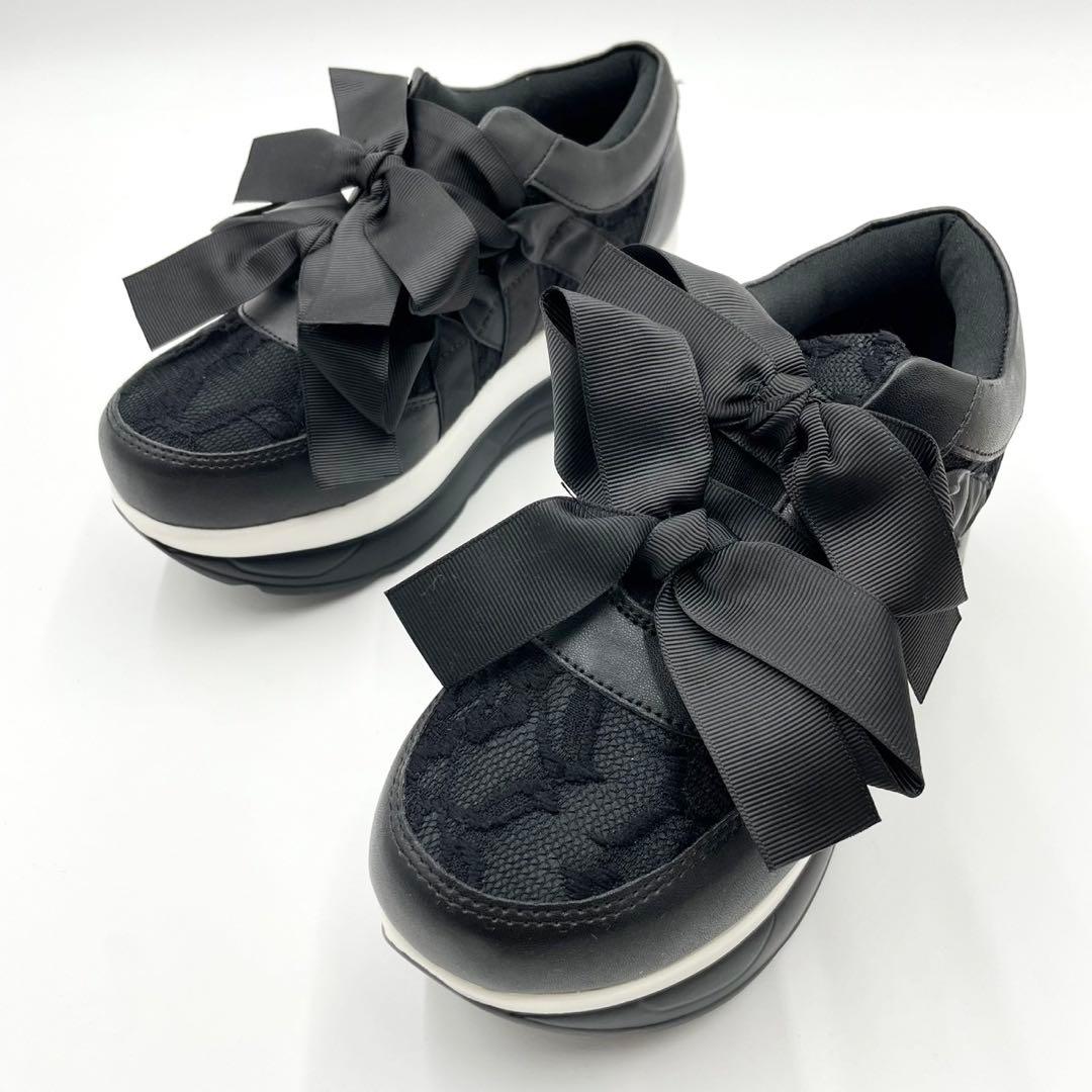 YOSUKE ヨースケ 厚底スニーカー リボン ブラック 23.5 Y1095