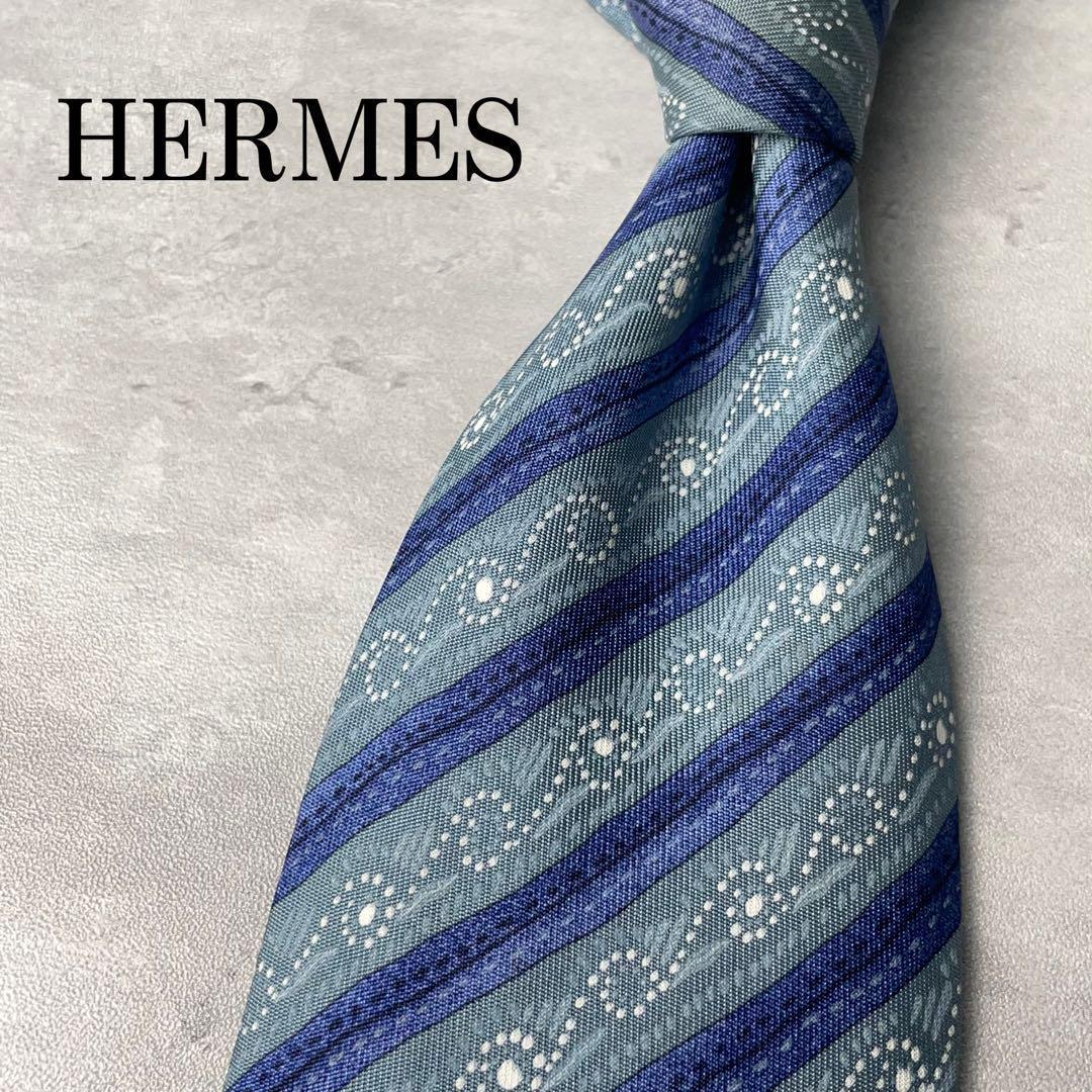 美品 HERMES エルメス ウェーブ ストライプ 謎柄 ネクタイ