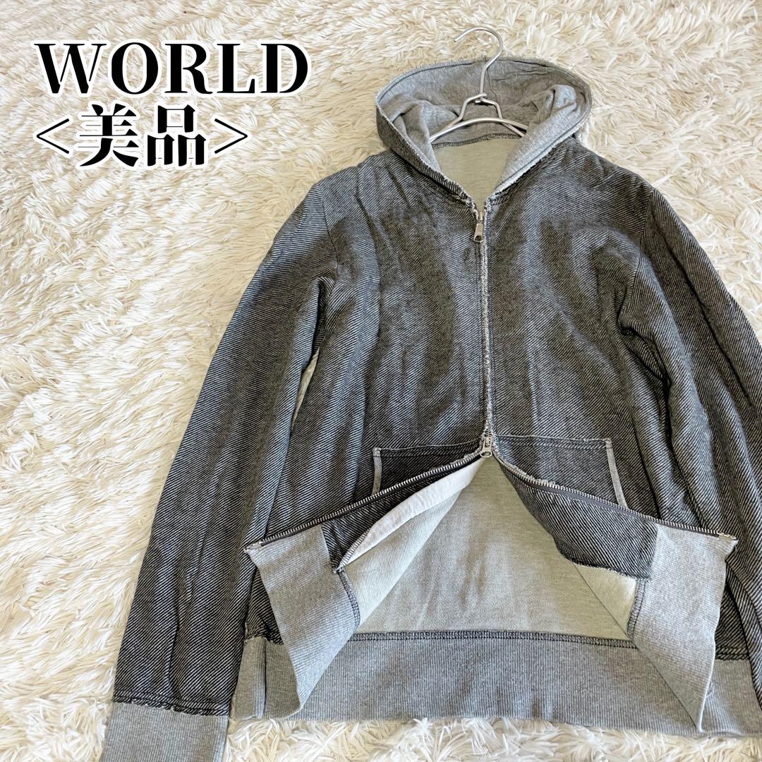 【美品】ワールド 切りっぱなしデザイン ダブルジップアップパーカー