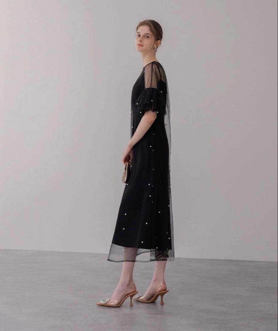 Leja ティアードフリルスリーブパールワンピースドレス ブラック Leja ティアードフリルスリーブパールワンピースドレス ブラック