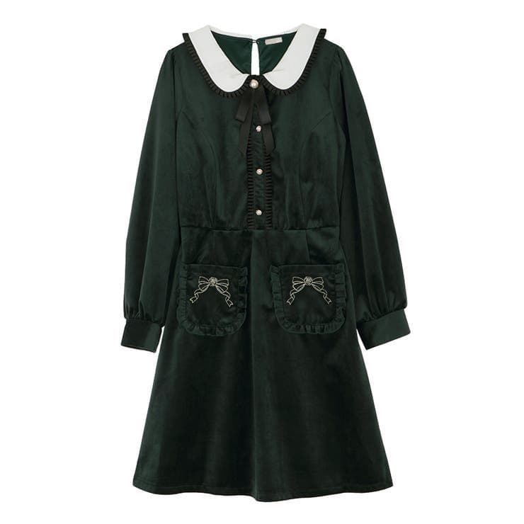 axes femme POETIQUE　ポケットリボン刺繍ベロアワンピース