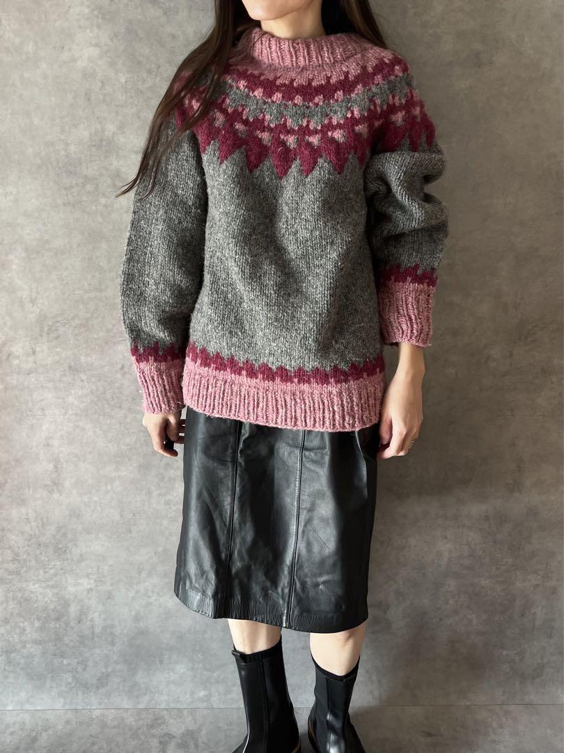 ノルディック柄 グレー ピンク フィッシャーマン ニット セーター 古着 一点物