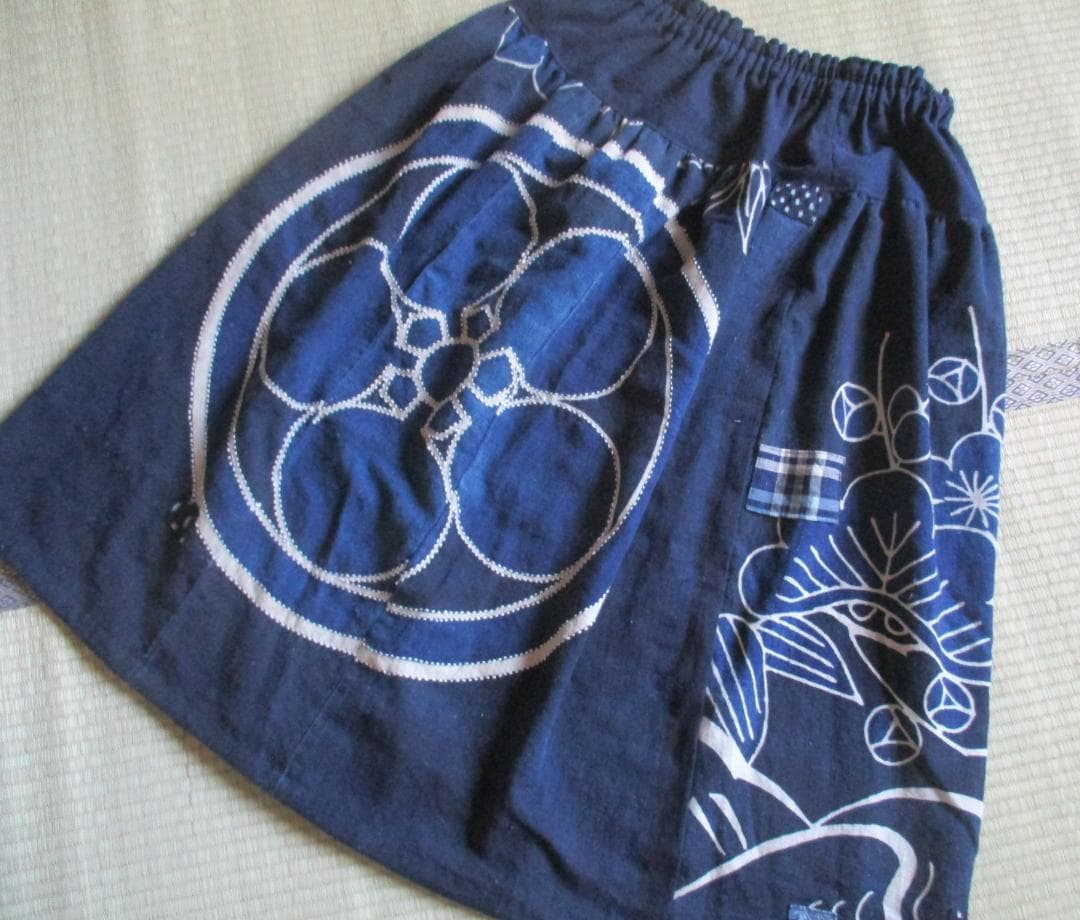 襤褸　古布　リメイク　筒描き刺し子　ウエスト切り替えスカート絣　藍染　木綿