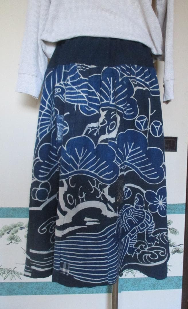襤褸　古布　リメイク　筒描き刺し子　ウエスト切り替えスカート絣　藍染　木綿