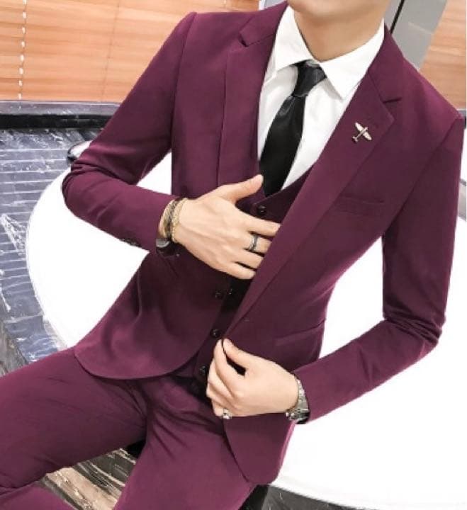 スーツ  セットアップ　ジャケット　パンツ　ジレ　ワインレッド　パープル  紫
