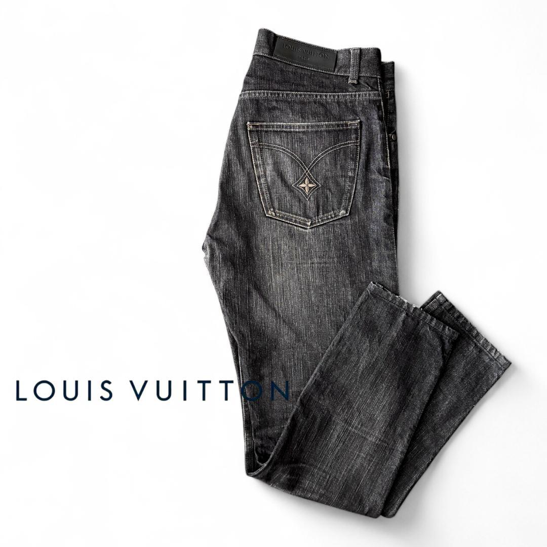 美品 40『ルイヴィトン』モノグラム刺繍 テーパード ブラック デニムパンツ