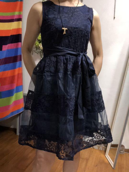 大幅値下げ、ネイビーシフォンレースドレス 美品