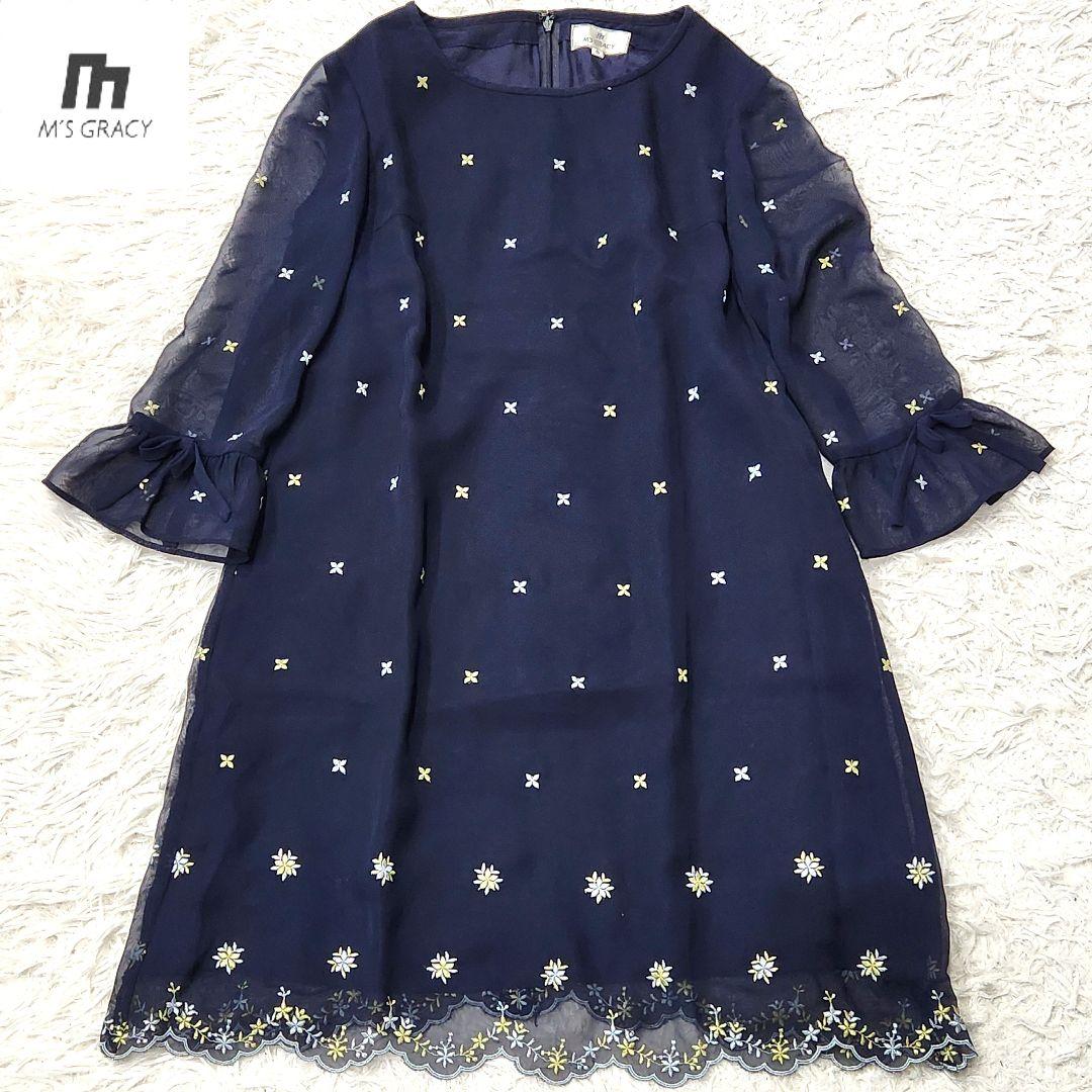 ✨美品✨エムズグレイシー❣️シアースリーブワンピース　M　ネイビー　膝上丈　刺繍